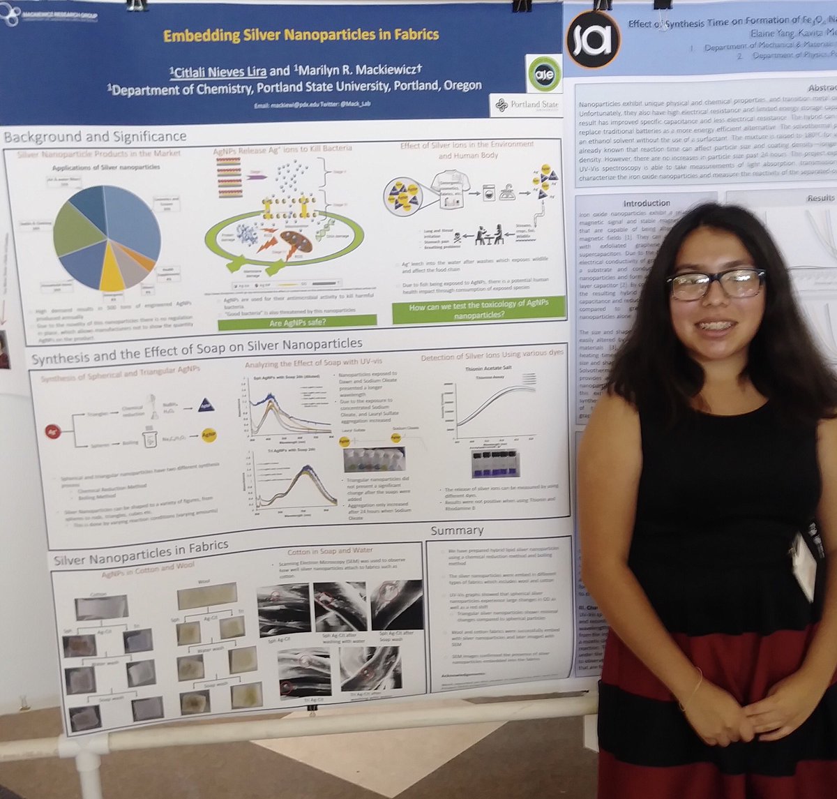 Mack_Lab's tweet photo. Citlali Nieves Lira, my wonderful #ACSSEEDProject student giving her talk and final poster at the University of Portland on “Embedding Silver nanoparticles In fabrics”! #Portland_State University https://t.co/PGjQ14yMXe