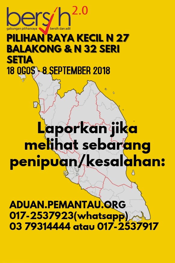 bersihofficial's tweet photo. You can play a part in ensuring free and fair election. Report if you see any election offences committed at Seri Setia and Balakong by-election at https://t.co/Y863GqjLSs, or BERSIH's hotline 03-79314444 or 017-2537971  
#ReformSPR #PRKSeriSetia #PRKBalakong https://t.co/ZVUo1uloKh