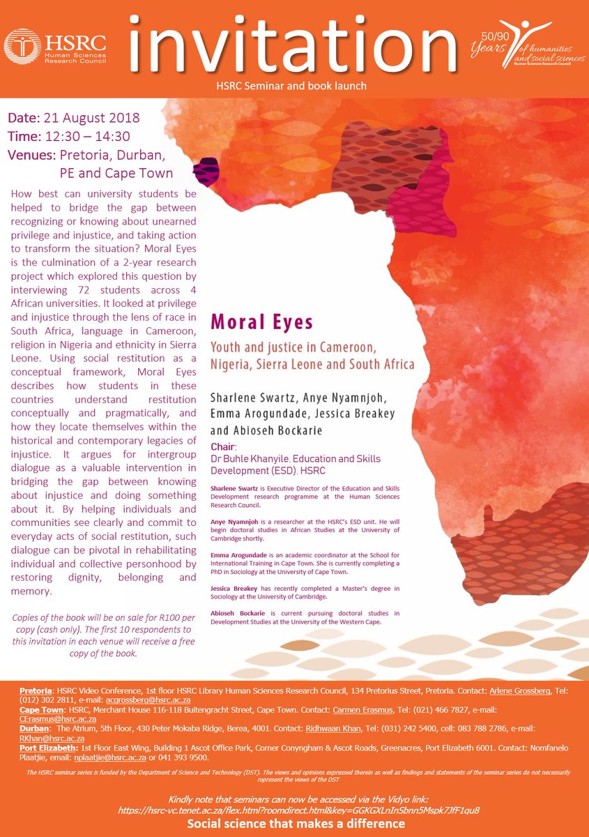 Book launch of #MoralEyes happening now - youth and justice in Cameroon, Nigeria, Sierra Leone and South Africa <a href="/SharleneSwartz/">Sharlene Swartz</a> <a href="/UNICEFInnocenti/">UNICEF Innocenti</a> <a href="/Eval_Youth/">EvalYouth Global Network</a>