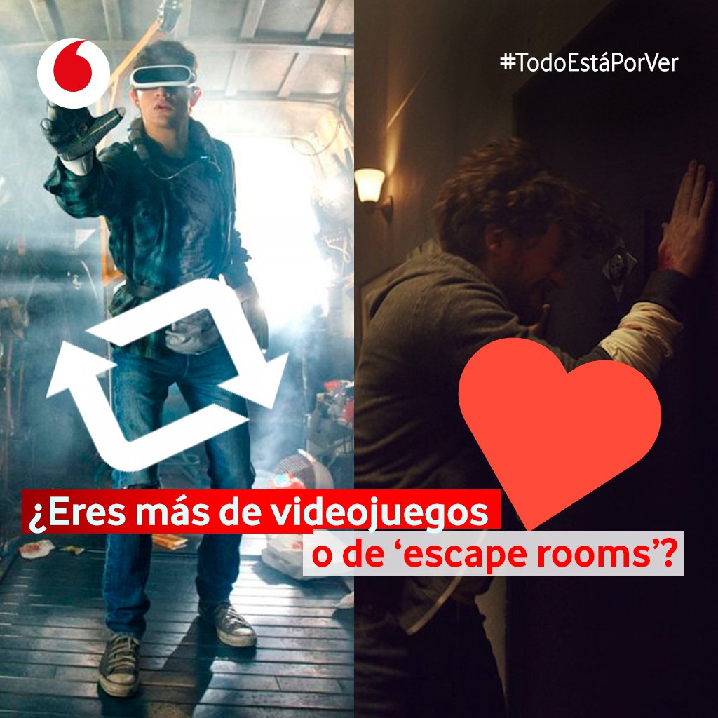 VodafoneTV_es's tweet photo. Comienza la #Gamescom2018 y nosotros sacamos a debate:
¿Jugar desde el asiento 🎮 a lo ‘Ready Player One’, o en vivo rollo ‘Escape Room’ 🗝️?

🔄 | Consola
❤️ | En vivo

Para los que dudéis, ¡tenemos estas dos pelis en videoclub!

#TodoEstáPorVer https://t.co/BWXK0qpisz