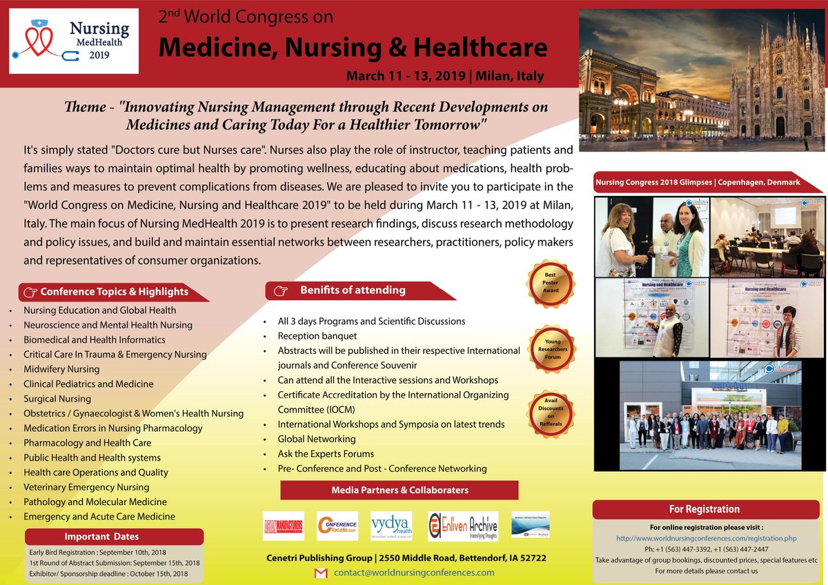 nursingcon's tweet photo. Expand your knowledge at #Nursing #MedHealth  2019 @Milan , Italy from March 11-13 by submitting your abstract at: https://t.co/ZZ1vJb9Sc2

For any quick queries email us at : contact@worldnursingconferences.com https://t.co/VUDkKfmnlm