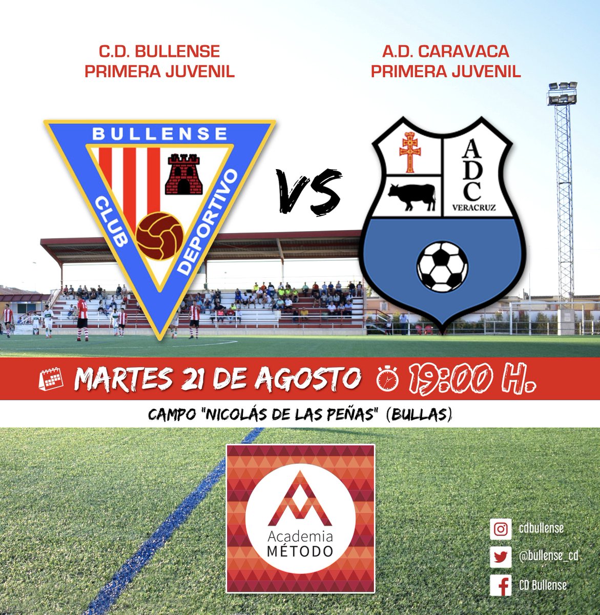 bullense_cd's tweet photo. 📢 ¡Esta tarde no te pierdas el CUARTO PARTIDO DE PRETEMPORADA DEL JUVENIL que recibirá en el Nicolás de las Peñas, a las 19:00 horas, al @adcaravaca de Primera Juvenil. #vamosBullense 🔴⚪
 👉 Agradecer a @AcademiaMetodo su aportación con el Club Deportivo Bullense. https://t.co/f53hmBxLtD