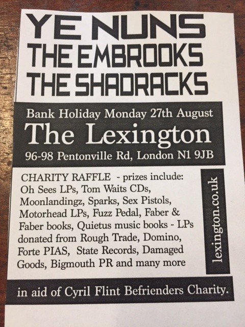 We play Bank Holiday Mon 27 August at <a href="/thelexington/">The Lexington</a> in aid of <a href="/CyrilFlint/">CyrilFlintBefriender</a> Befrienders! Please come! But! if you can't but would like to buy a raffle ticket to support the charity pls email deliadansette@gmail.com <a href="/charleston51/">Charley Stone</a> <a href="/Pinkylolo/">Lolo Wood</a> <a href="/TheeKateHodges/">theekatehodges</a> <a href="/marcrileydj/">Marc Riley ⚽️🍺🐳</a> <a href="/TheEmbrooks/">The Embrooks</a>
