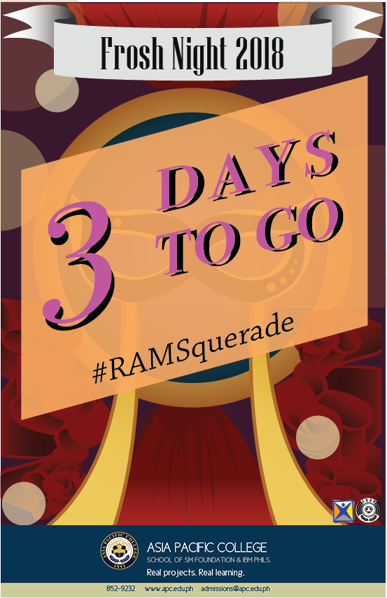 apcrams's tweet photo. It's day 3 before Frosh Night 2018: RAMSquerade! π We've waited two long years for this to happen- now is the time for the freshies to have a blast! π
Save the date. 08.24.18
#RAMSquerade #FroshNight2018 #PhantomOfTheOpeRAMS #AcquiantanceParty #NUAsiaPacificCollege #APCat27 https://t.co/hJM9CpA8MV