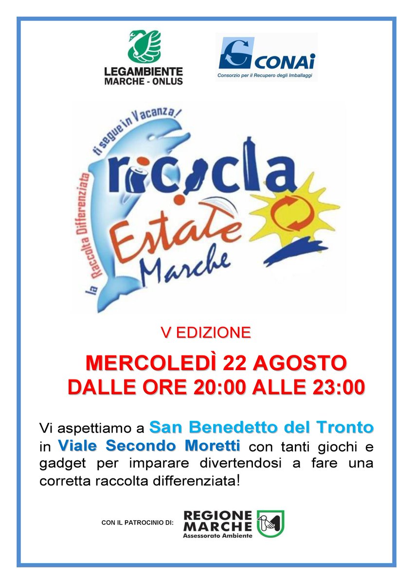 Appuntamento con RiciclaEstate Marche domani 22 agosto dalle 20 alle 23 in Viale Secondo Moretti a #SanBenedettodelTronto (AP) con tanti giochi e gadget destinati a bambini e adulti sulla #raccoltaDifferenziata. Vi aspettiamo! ♻️🚮🌱