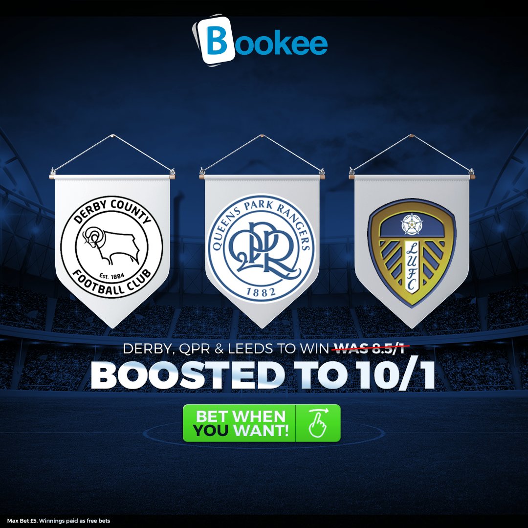 #Championship Treble Price Boost! 🤑
Get <a href="/dcfcofficial/">Derby County</a>, <a href="/QPR/">QPR FC</a> &amp; <a href="/LUFC/">Leeds United</a> all to win Boosted to 10/1 (was 8.5/1) 👊
#BetWhenYouWant