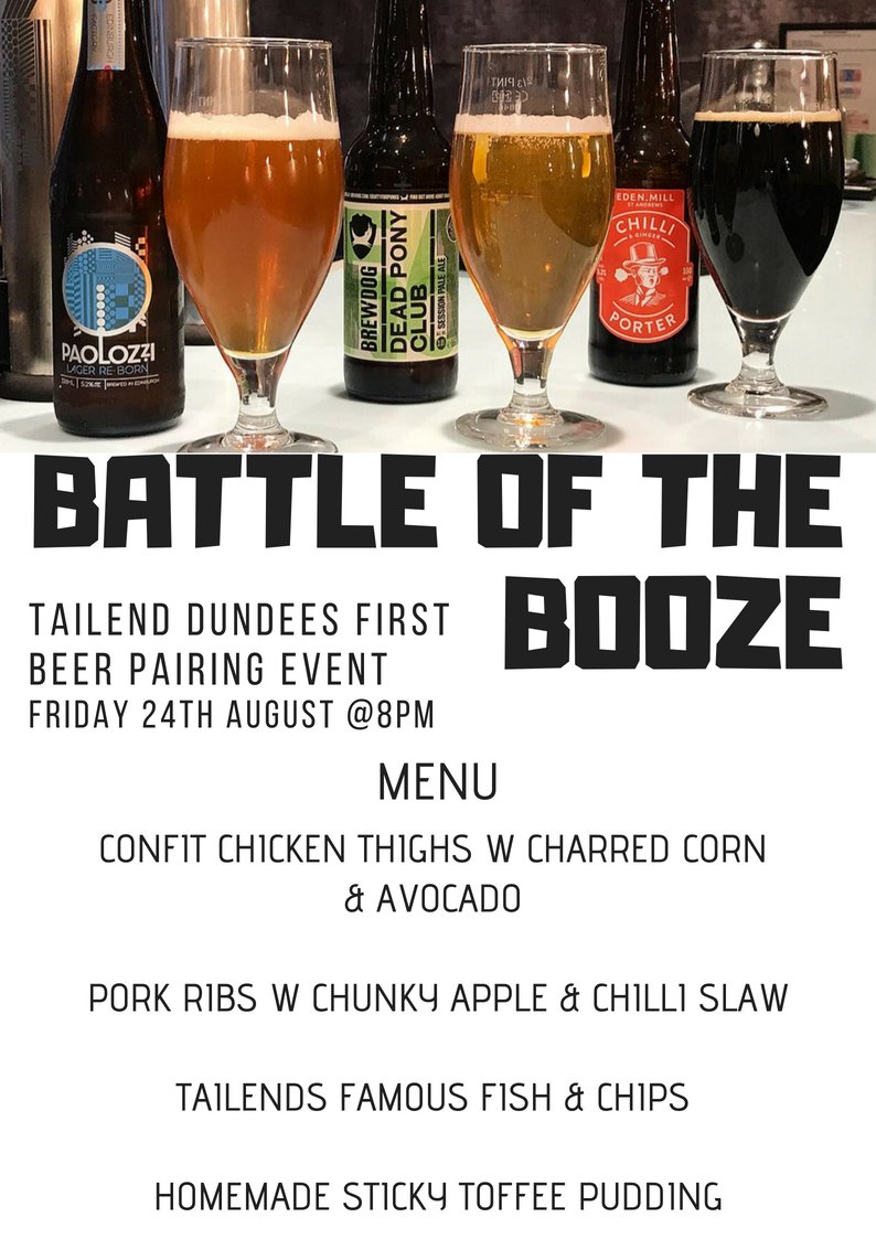 Last few tickets remaining for our Battle of the Booze event! Call 01382 229 990 or buy online today thetailend.co.uk 
#LoveTailend #LoveDundee #Dundee2018 #BattleoftheBooze