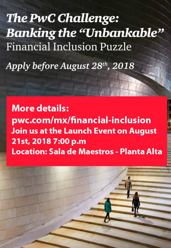 ITAM_mx's tweet photo. *HOY* | #EpicLabITAM | Sesión informativa: The @PwC Challenge: Banking the Unbankable, Financial Inclusion Puzzle.
https://t.co/VjLzcfWlXQ https://t.co/Dry4T37Sm1