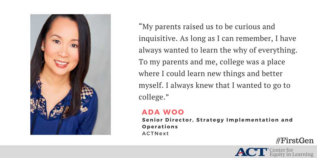 ACTNext's tweet image. “Don’t let your pride get in the way of taking good advice.” In the latest @ACTEquity blog, #ProudFirstGen grad and @ACTNext Senior Director @AdaWoo811 shares lessons learned on her path to success and words of encouragement for #firstgen learners. bit.ly/2w0GgTL