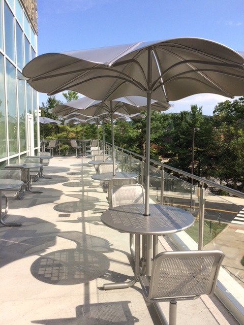 GreenerConcept's tweet photo. We wrapped up our project at the new #DHall at @JMU last week. There are 7 beautiful outdoor spaces where we provided stunning furniture from @landscapeforms. Here are a few shots of various patios &amp; terraces. Welcome back, Dukes! #jmu #godukes #campusdesign #outdoorfurniture https://t.co/ibCaDygvpt