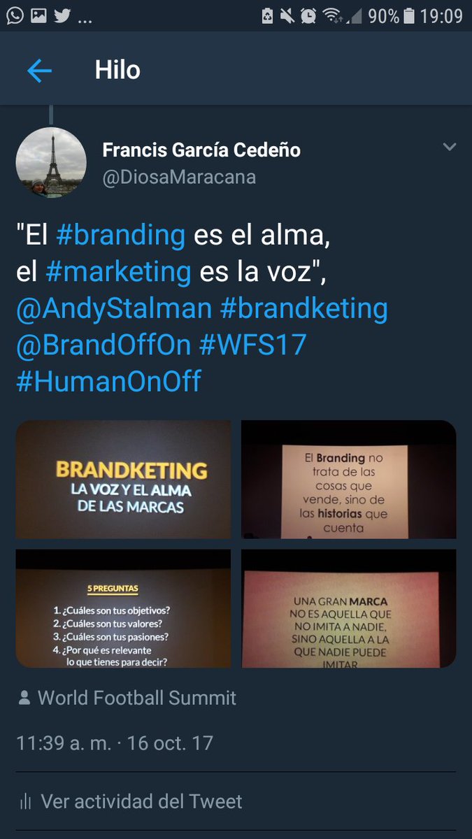fgarciacedeno's tweet photo. @AndyStalman @yaelbern Gracias a ti, Andy. A mí me encantan tus artículos y muy especialmente tus presentaciones. Imposible olvidar la que diste el año pasado aquí en #Madrid en el #WFS17 sobre #branding en el #fútbol. ¡Fue fantástica! 👌😍 La hubiese tuiteado toda de haber tenido 8 manos y 4 móviles. https://t.co/Bk5kofXFqr