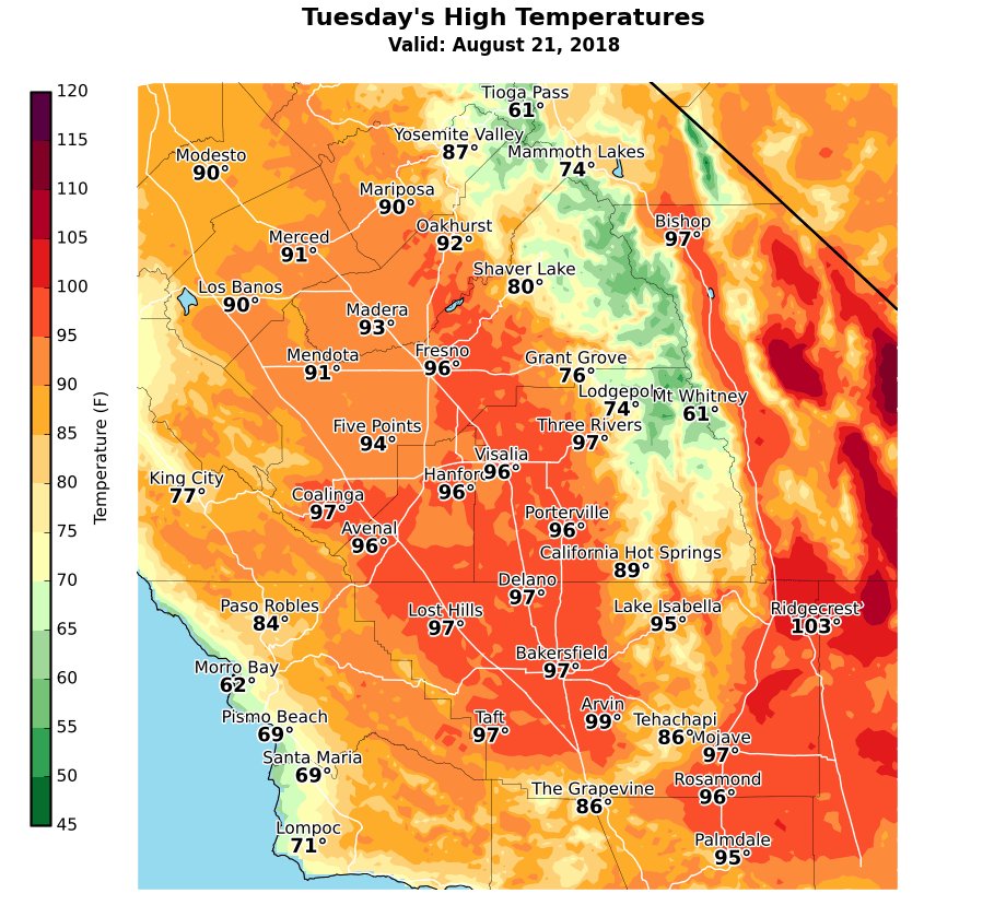 NWSHanford's tweet photo. High temperatures today will be several degrees cooler than what we have been experiencing recently. Temperatures are expected to be close to seasonal normals for the remainder of the week. #cawx https://t.co/CQGf36YIPc
