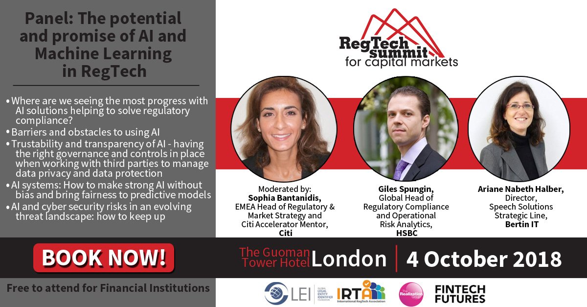 ATeamInsight's tweet photo. This panel will be discussing the potential and promise of #AI and #MachineLearning at #regtechsummitlondon on 4 Oct in London. Register now: https://t.co/miJ1uksnco #machinelearning #regtech #dataprivacy #dataprotection #cybersecurity @Citi @HSBC_UK @BertinTechnolog https://t.co/DhGwx3rvyf
