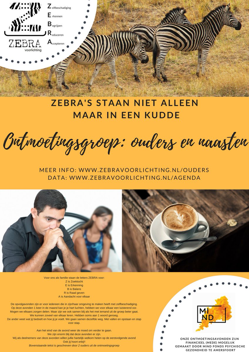 wijzijnmind's tweet photo. .@StichtingZebra organiseert regelmatig ontmoetingsgroepen voor ouders en naasten in Enschede. Voor meer informatie kijk op https://t.co/1cfDQlUqBI https://t.co/YqOFmBPM7T