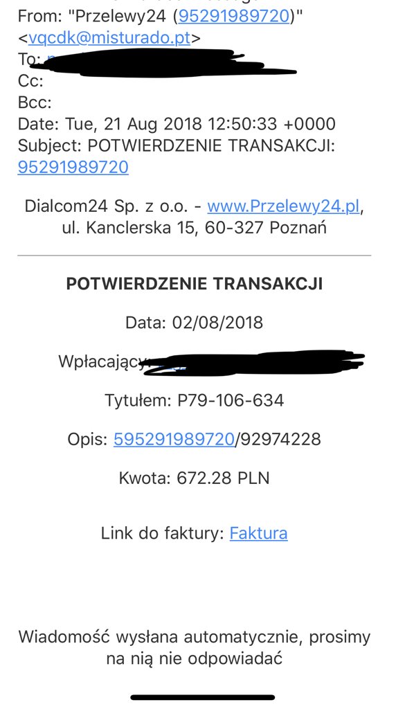 niebezpiecznik's tweet photo. Uwaga na e-maile podszywające się pod Przelewy24 - linki w treści  prowadzą do złośliwej aplikacji infekującej Androida. Właśnie ruszyła rozsyłka, otrzymujemy masę zgłoszeń. Ostrzezcie znajomych! https://t.co/ZGi4L45xx3