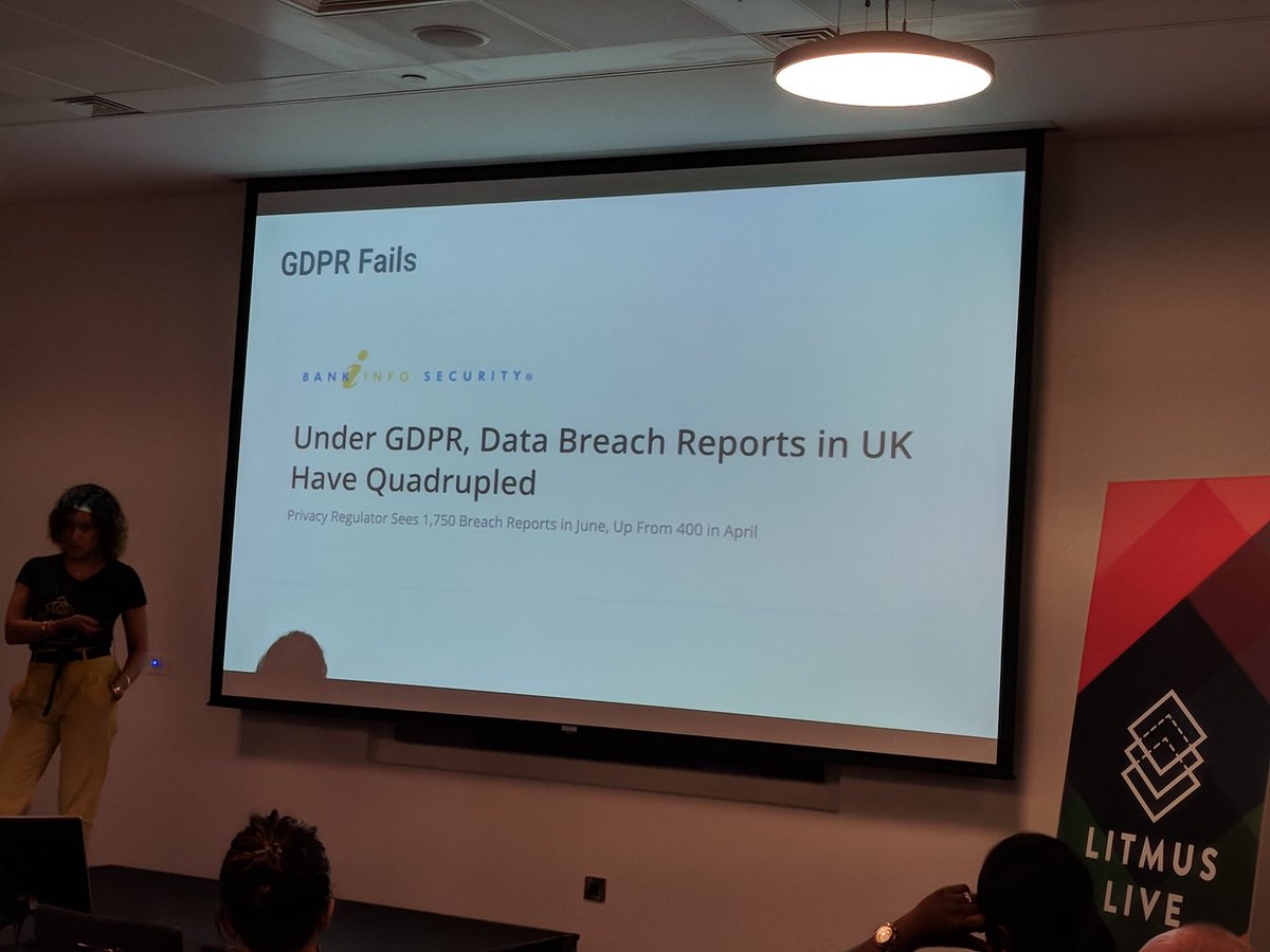 JudyMailjet's tweet photo. #GDPR data breach reports have quadrupled since end of May. #litmuslive gdpr presentation. https://t.co/ipojQcU08N