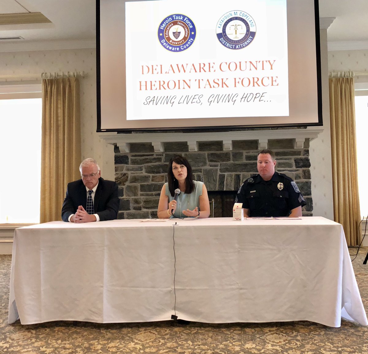 DaKATCopeland's tweet photo. DA Katayoun Copeland, CID Chief Joe Ryan & Sgt. Patrick McKenna of Springfield PD @SPD91_Delco discuss proactive efforts of law enforcement & #HeroinTaskForce Thank you @DelcoChamber & Independence Blue Cross for hosting this opioid forum for the business community. https://t.co/7HQzGcAiyw
