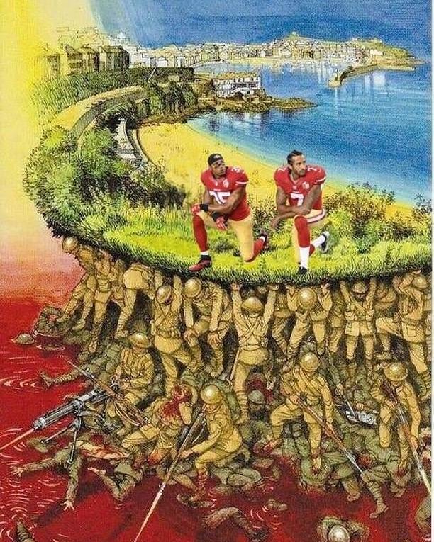 ProjectWarPath's tweet photo. This sums it up, Veteran's defend our freedom and keep us safe. Meanwhile overpaid turds throw a leather ball around in a overpriced stadium and shit on all the men and women who have been killed defending our country. #ProjectWarPath #BoycottNFL #NFL #VFW #VeteransofForeignWars https://t.co/6DAT3jTyOi