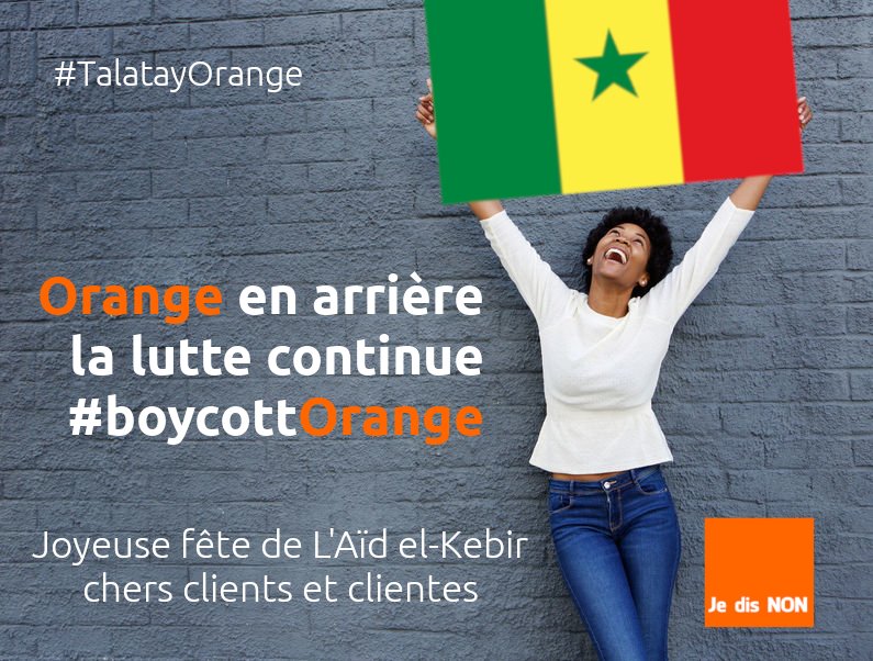 Chers clients et clientes, vous qui avez déclaré #TalatayOrange, vous pouvez être fières de cette victoire #Orange en #arrière, mais le combat n'est pas fini... Joyeuse fête de L'Aïd el-Kebir 🇸🇳#Kebetu #BoycottonsOrangeSenegal #talatay_orange #OrangeAmSaPuce #kebetu #Senegal