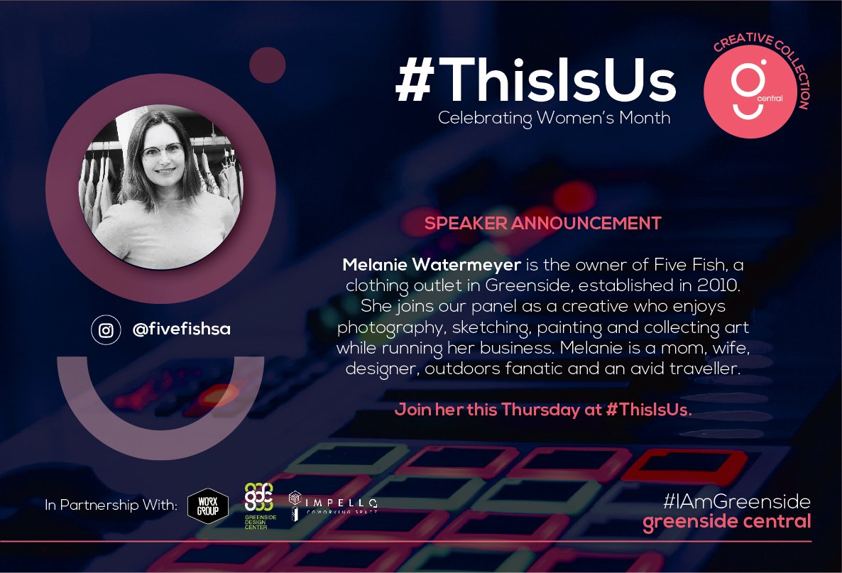 IAmGreenside's tweet image. Meet Melanie Watermeyer (@melwatermeyer), founder of clothing outlet @fivefishsa. She joins our panel as a creative who enjoys photography, sketching, painting and collecting art all while running her business. She shares insight on being a creative at #ThisIsUs. You ready?