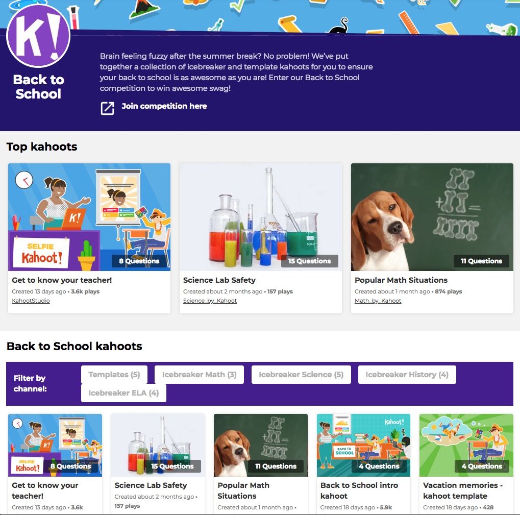 lesliefisher's tweet photo. The gang at @getkahoot has you covered with some Back To School Kahoot templates that were just posted. They include a Get To Know Your Teacher Kahoot, a Student Selfie Kahoot, a what you did this Summer Kahoot and many more https://t.co/PF7IfJaov2 All in a new Kahoot Author page https://t.co/5qfx1xyNEu