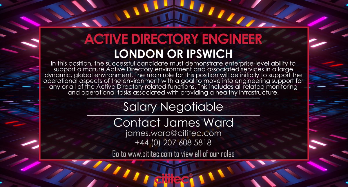 CititecTalent's tweet photo. Hot Job!
#recruitment #Careers #Jobs #hiring #londonjobs #tech #techjobs #technology #activedirectory #infrastructure #microsoft #windows #windows2012 #powershell #azure #cloud #networking #office365 #o365 #GPO #DNS #DHCP #PKI #DFS #shell #scripting #programming https://t.co/h2L7V7jPu1