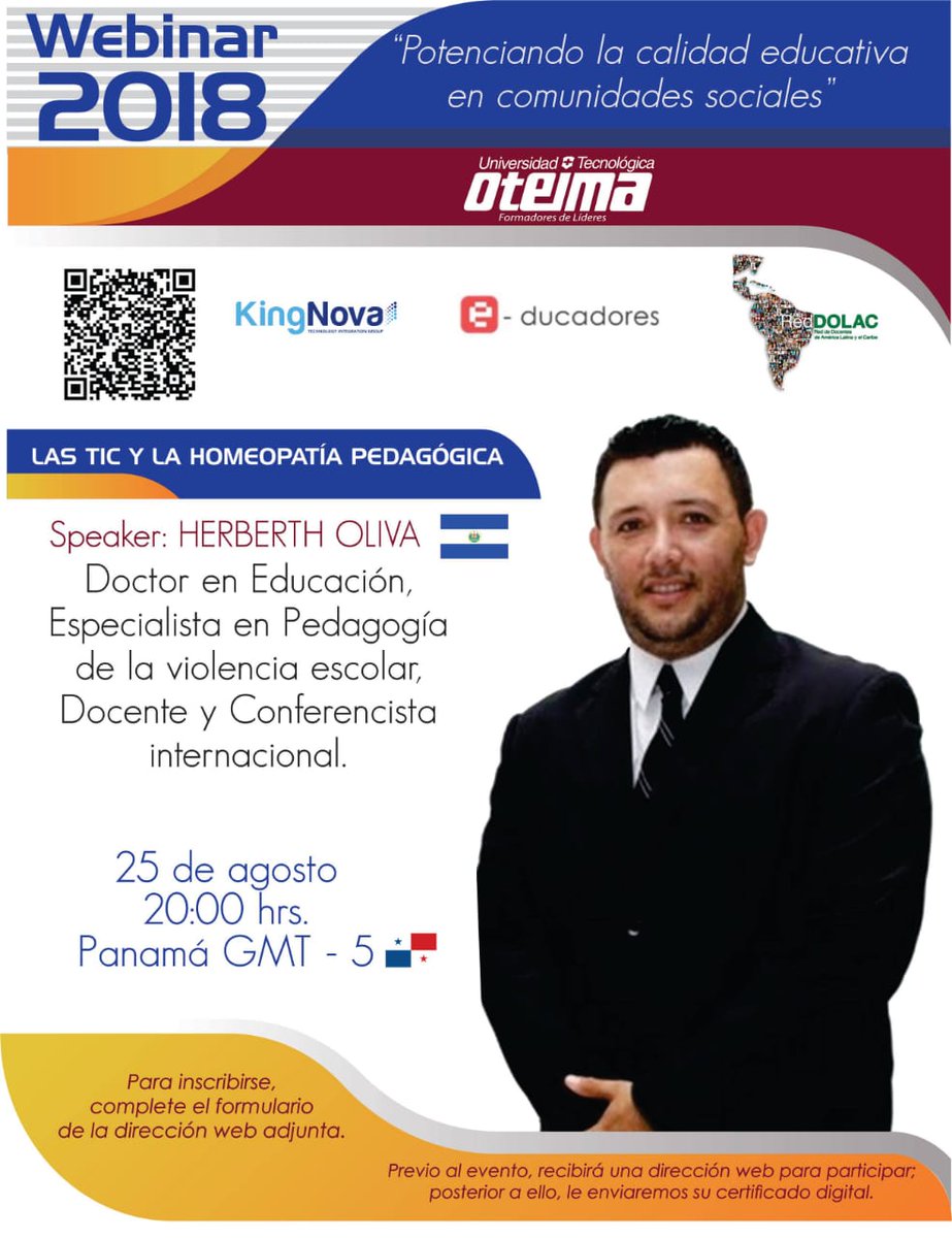 unioteima's tweet photo. La Coordinación del Programa de Posgrado en #EntornosVirtuales de Aprendizaje, de la Universidad Tecnológica #OTEIMA (Panamá), #Seminario en línea "Webinar 2018: Potenciando la calidad educativa en comunidades sociales" Nuestra primera ponencia estará a cargo de Herberth Oliva https://t.co/KARJmWeyQ8