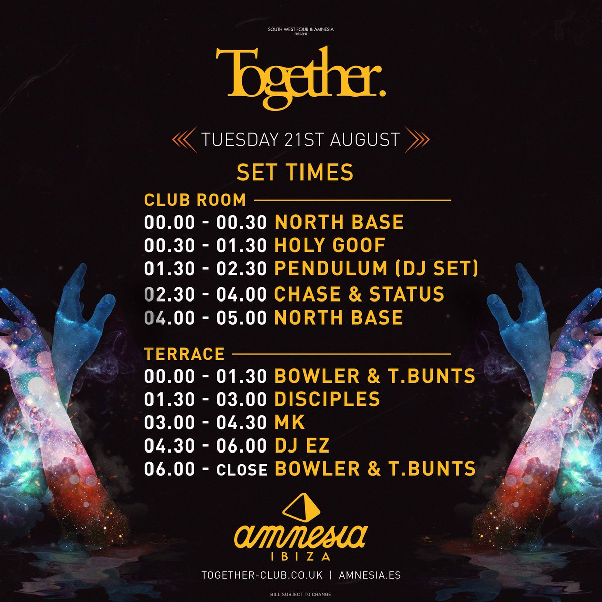 Togetherclub's tweet photo. Together β Week 12 β Tuesday 21st Aug β Amnesia Ibiza
β₯ Club Room: Chase & Status β’ Pendulum (DJ Set) β’ Holy Goof β’ North Base
β₯ Terrace: MK β’ DJ EZ β’ Disciples β’ Bowler & T.Bunts
Tickets β« https://t.co/Iayo2xzRdy
#LetsDanceTogether #NotYourAverageTuesday https://t.co/EInelqIfgR