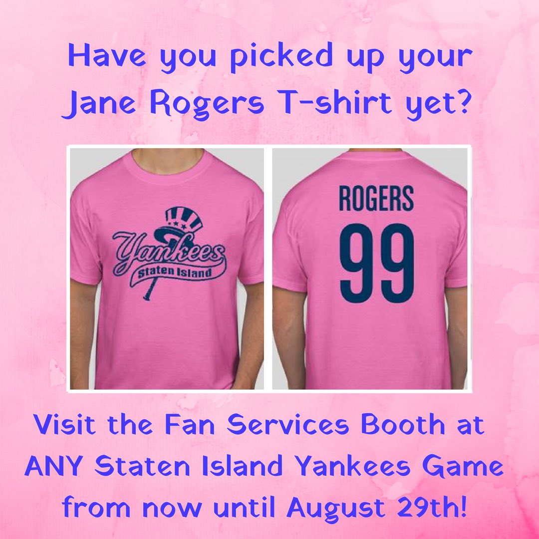 makingstridesSI's tweet photo. Have you picked up your Jane Rogers T-shirt yet? This limited offer is going on now! Visit ANY @SIYanks game until August 29th, donate $15 to help the Staten Island Yankees strike out breast cancer and receive your very own "Rogers" T-shirt! #25YearsMSABCSI #MakingStridesSI https://t.co/viWhZgqvQU