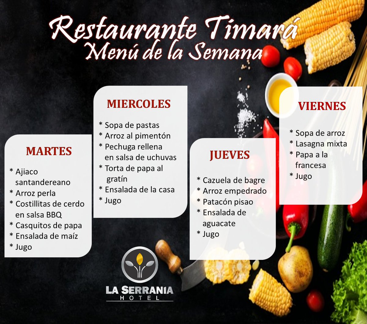 Aún pensando que almorzar esta semana? Prográmate para disfrutar nuestro Menú Ejecutivo y deléitate con la gran variedad de sabores a un precio único, $15.000.
--
Conoce más de nuestro hotel ingresando a laserraniahotel.com
Tels: 6917535 - 310 279 7701
Calle 33 Nº 30-26 B/ga