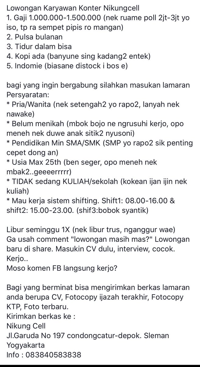 Nemu lowongan kerja yang bikin ngakak.

Persyaratan nomer 2 membuat netijen tercengang
