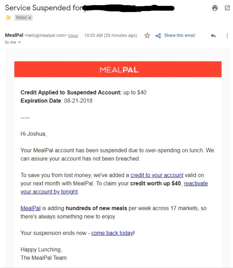 Huftopia's tweet image. Hey @mealpal classy move baiting deactivated customers back into your service by making them think their data's been compromised!