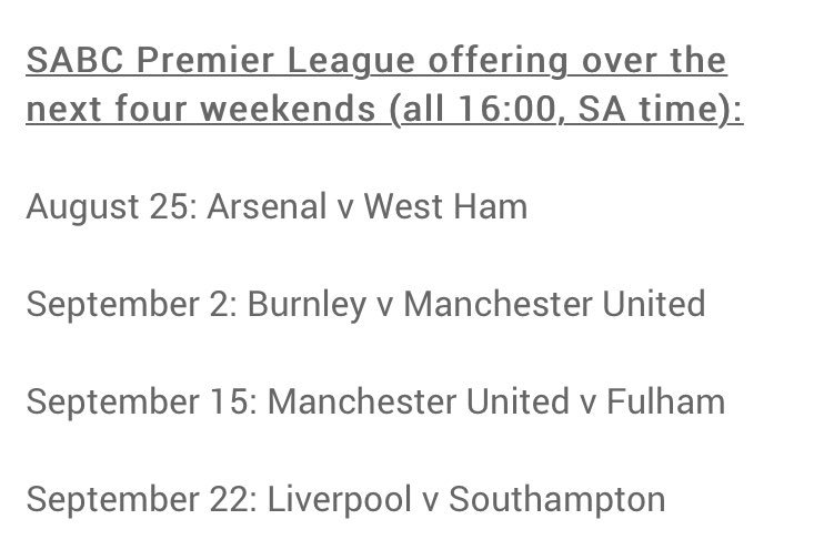 Khoomz_'s tweet photo. The #SABC will be broadcasting English Premier League (#Barcleys) matches LIVE
every Saturday
SABC 3
here’s the schedule for the next few weeks cc @thomasmlambo https://t.co/zFKkPWAiLy