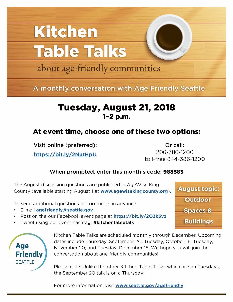 AgeFriendlySEA's tweet image. Log on or call in to our #kitchentabletalk on outdoor spaces &amp;amp; buildings 1 p.m. PDT