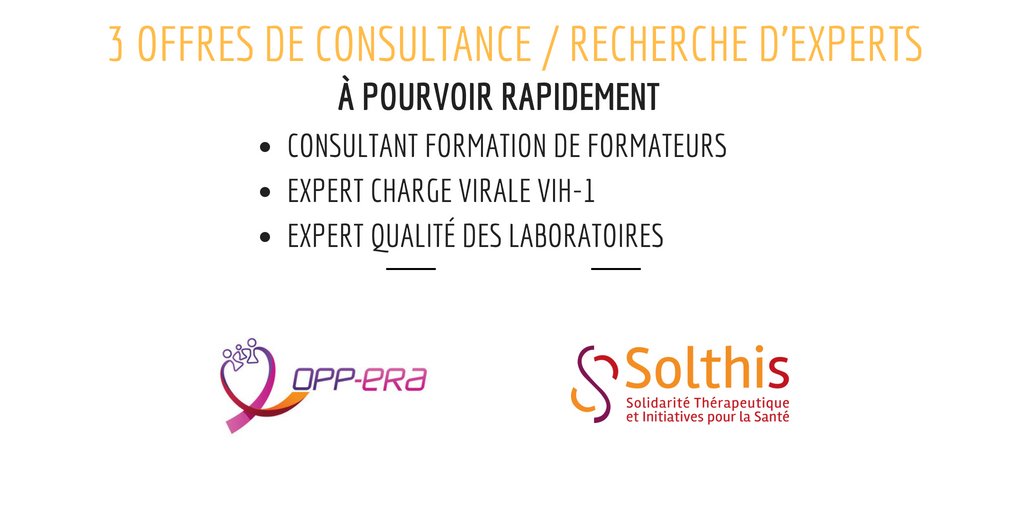 NGOSolthis's tweet photo. #JOB #Consultance #Experts - Nous recherchons 3 experts pour le projet #OPPERA d'accès à la charge virale #VIH en #Afrique (#Burundi #Cotedivoire #Cameroun #Guinee ) https://t.co/EkixvWqT0E - Début missions dès Septembre - Octobre - Merci de RT largement ! https://t.co/tAMx6PGWkQ