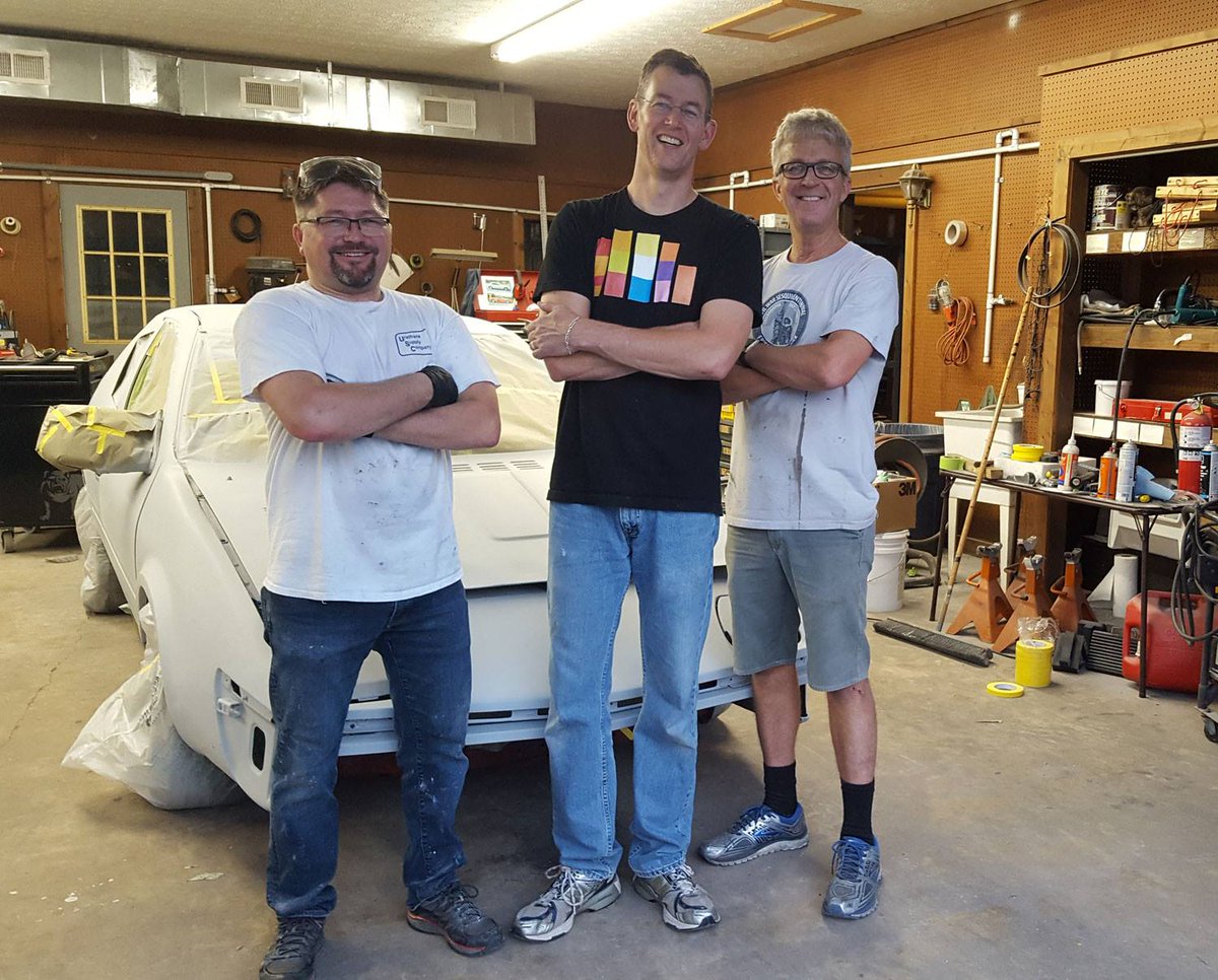 Polyvance's tweet photo. #TeamStickyMan is preparing for the @24hoursoflemons race on Sept 15th. We are preparing our mystery car, which we'll unveil to the public right before the race. We finally put the primer on last night and, naturally, we haven't even started on the mechanical needs. #Polyvance https://t.co/ifG7GpClNW