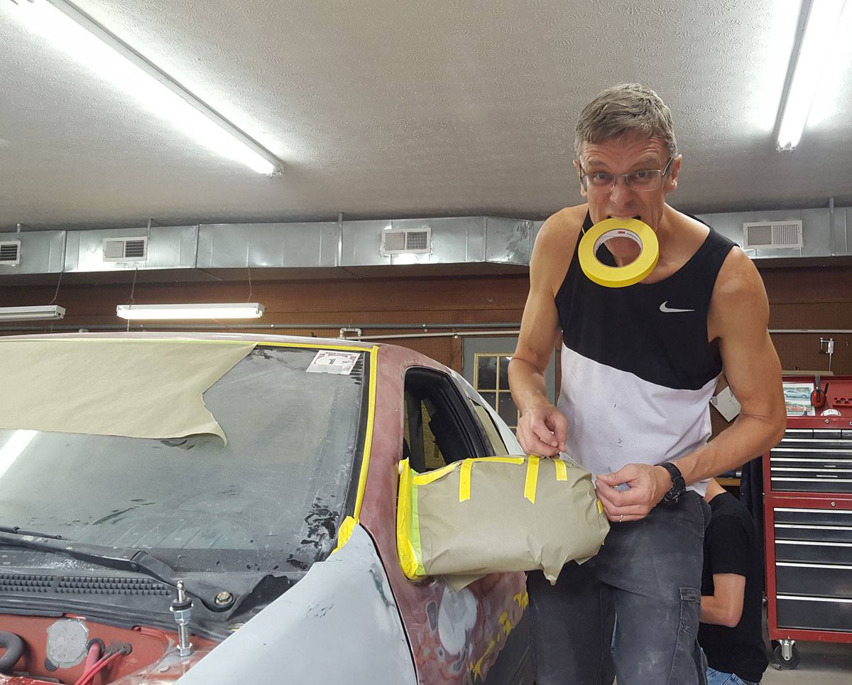 Polyvance's tweet photo. #TeamStickyMan is preparing for the @24hoursoflemons race on Sept 15th. We are preparing our mystery car, which we'll unveil to the public right before the race. We finally put the primer on last night and, naturally, we haven't even started on the mechanical needs. #Polyvance https://t.co/ifG7GpClNW