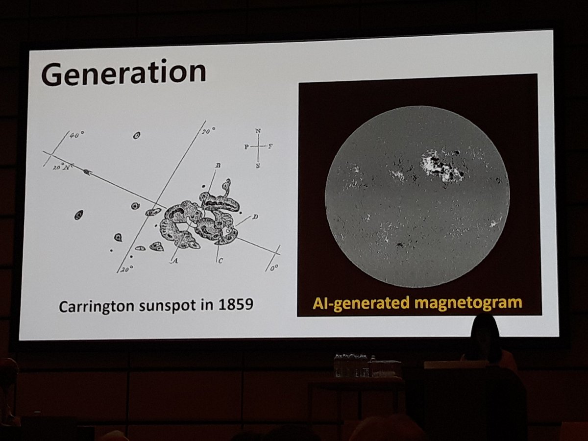 catdineva's tweet image. AI-generated magnetogram of the Carrington sunspot looks crazy #IAU2018 #fm5 #mindblown talk by Harim Lee