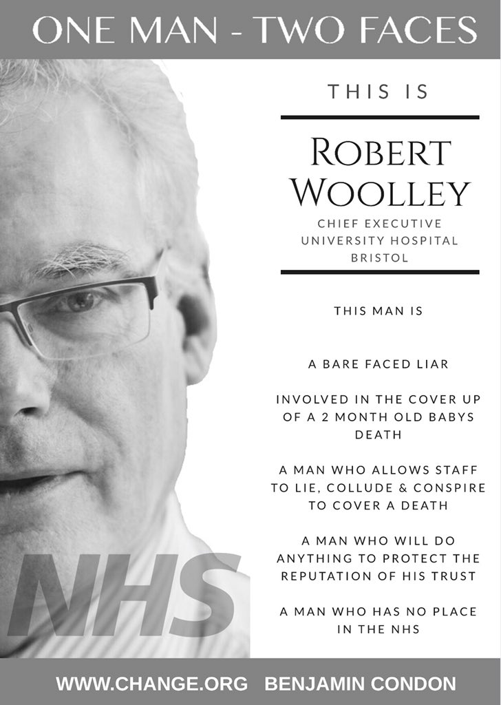 Allyncondon's tweet photo. This is Robert Woolley CEO University Hospital Bristol who is responsible for covering up negligent failings that led to our sons death. University Hospital Bristol is today still refusing to provide us with information 3 1/2 years after Bens death. Tomorrow is a new day. https://t.co/f4nz1fssyo