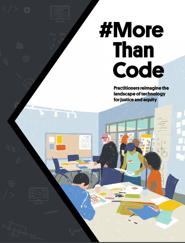 #MoreThanCode report cover shows an illustration of people of various ages, genders, and skin tones working to design something in a shared open space. Download at morethancode.cc