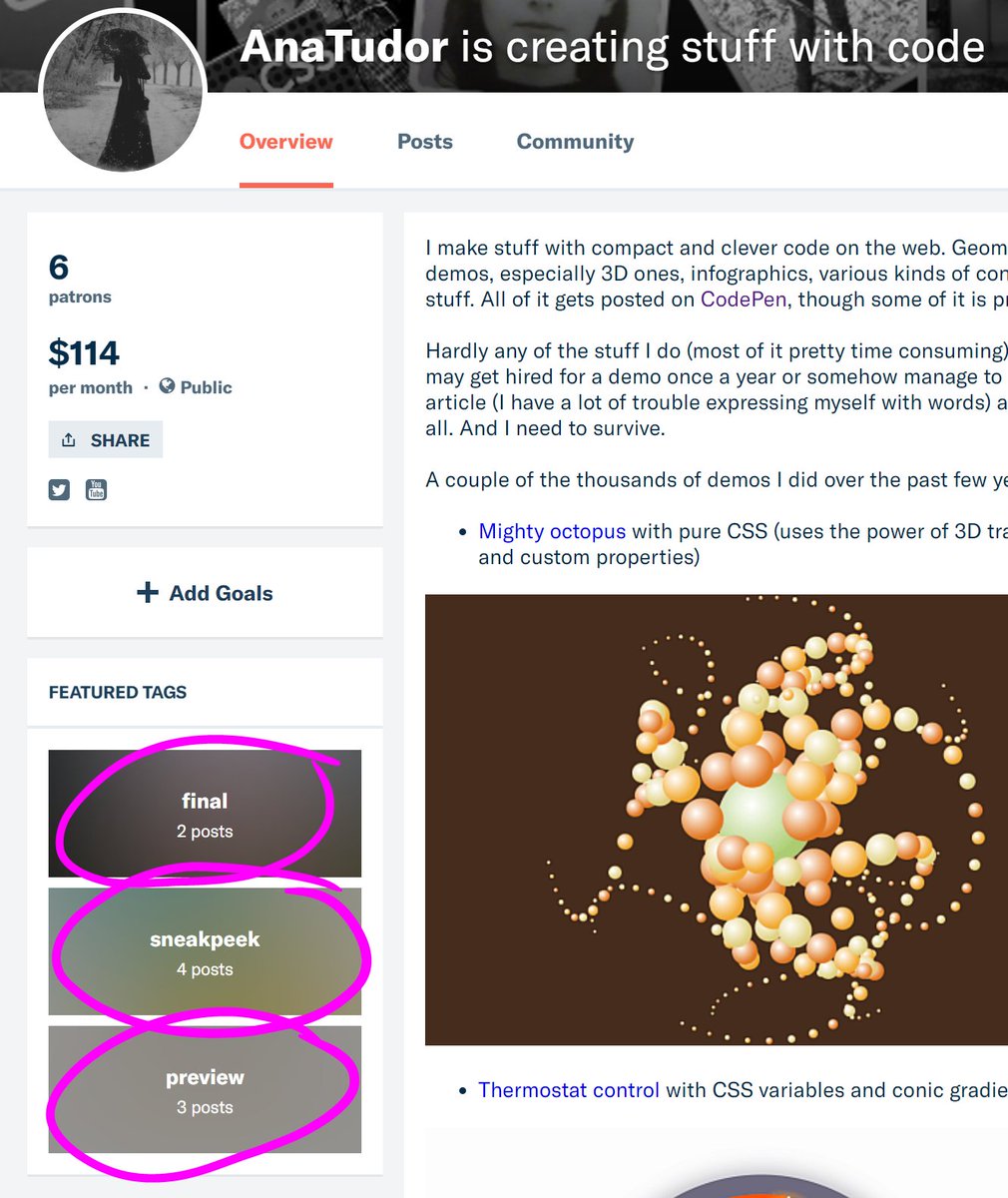 Screenshot of my Patreon page showing where the featured tags are located: bottom of sidebar on left side