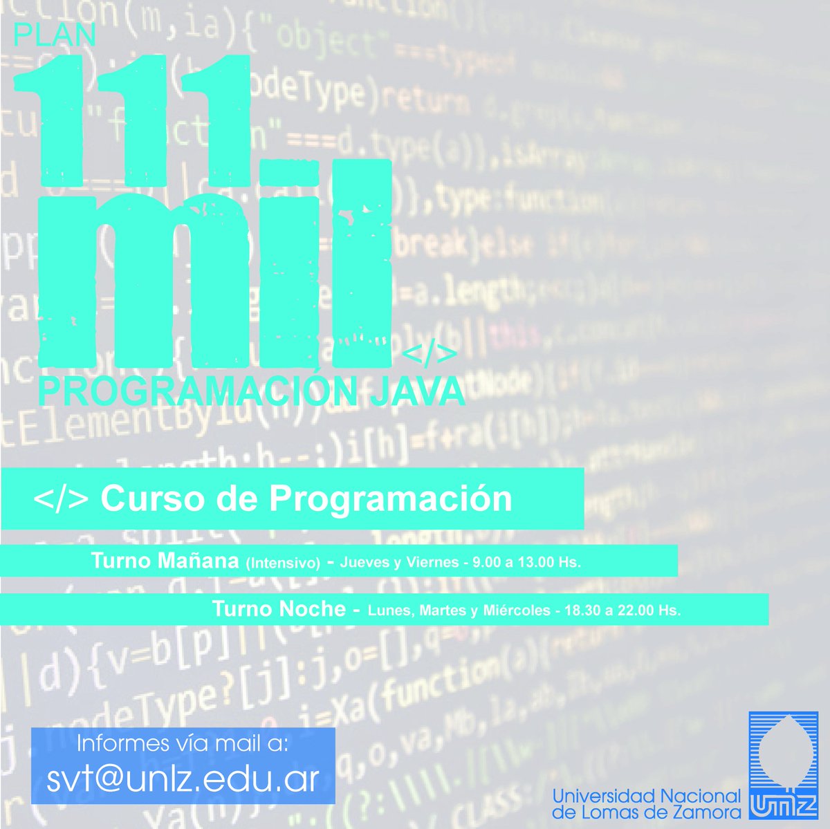 UNLZoficial's tweet image. Curso #ProgramaciónJava del #Plan111Mil
📌Lugar: Laboratorio de @FIngenieriaUNLZ
🗓️Inicio:
-Turno noche: Lunes 3/9
-Turno mañana: Jueves 6/9
📝Formulario de Inscripción: goo.gl/6Wj2gM
CUPOS LIMITADOS
Más info del #Plan111Mil: argentina.gob.ar/111mil