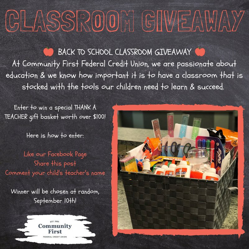 ComFirstFCU's tweet photo. Check out our Facebook page to enter in the Back to School Classroom Giveaway!
(link in bio) https://t.co/d01BePaDYo
