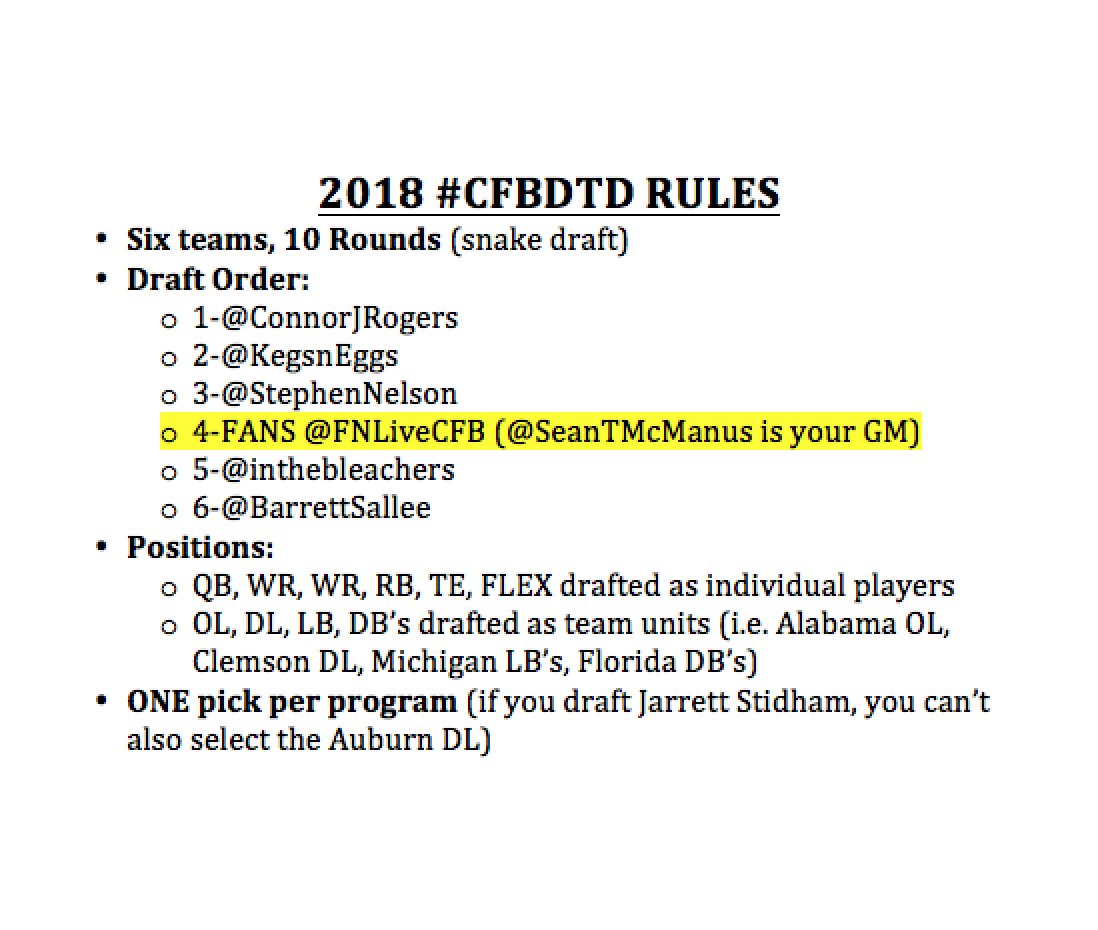 StephenNelson's tweet image. another CFB Dream Team Draft is happening.

The 2018 #CFBDTD Order:
1-@ConnorJRogers
2-@KegsnEggs
3-Me
4-Fans (tweet your pick suggestions to @FNLiveCFB)
5-@InTheBleachers
6-@BarrettSallee