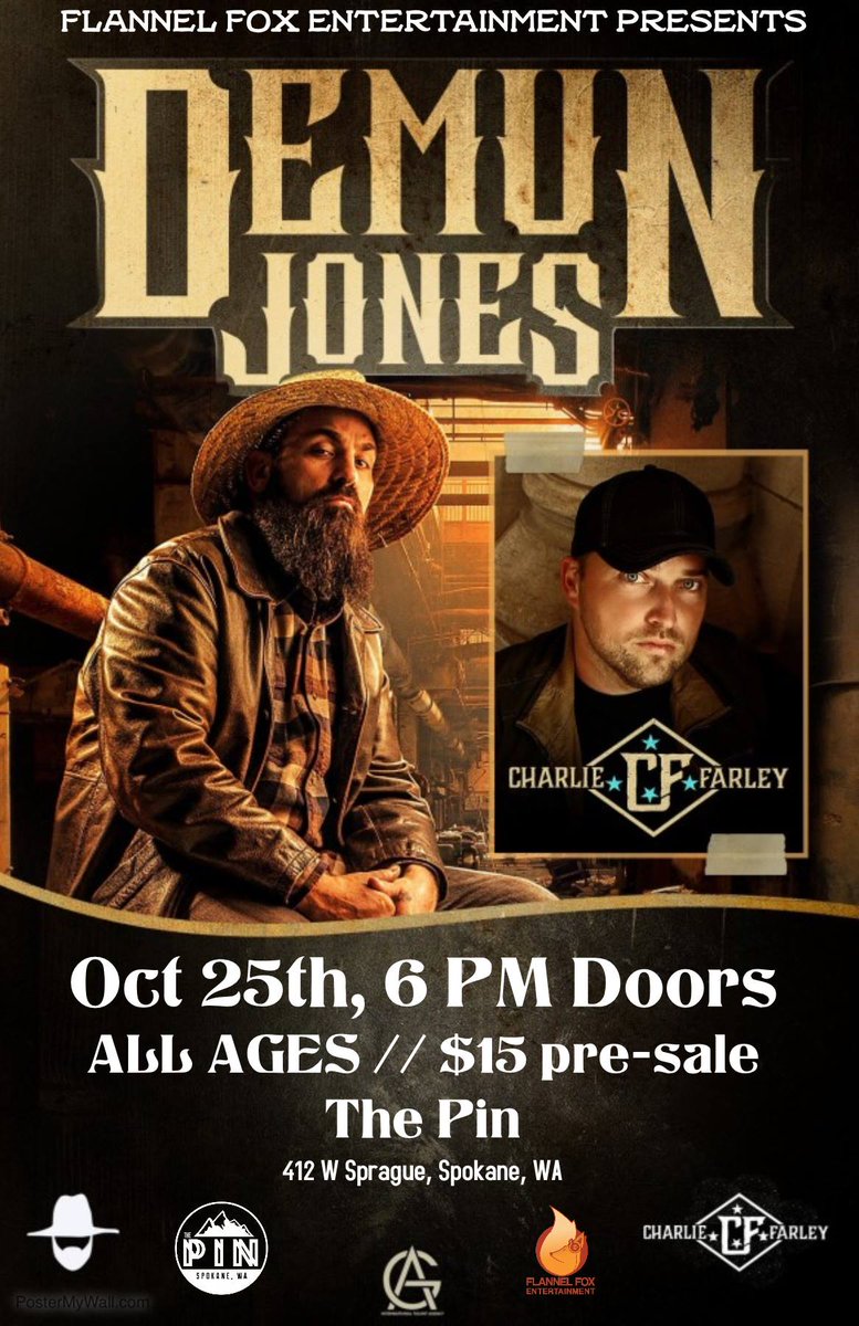 ent_fox's tweet photo. @demunjones and @CFarleymusic will be in Spokane Washington at The Pin on October 25th! #demunjones #charliefarley #thepin #spokane #spokanemusicscene #country #music #livemusic #countryrock #countryrap #singer #flannelfoxentertainment https://t.co/n1bUeW2AFf