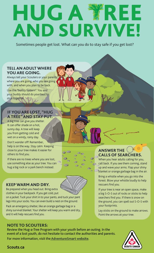 scoutscanada's tweet image. Whether hiking or enjoying outdoor fun with your Beaver Colony or Cub Pack, don’t panic if you lose your way—just #HugATree ! Find insightful tips from our #SafeScouting team for staying safe until help finds you: bit.ly/2wOCZcE