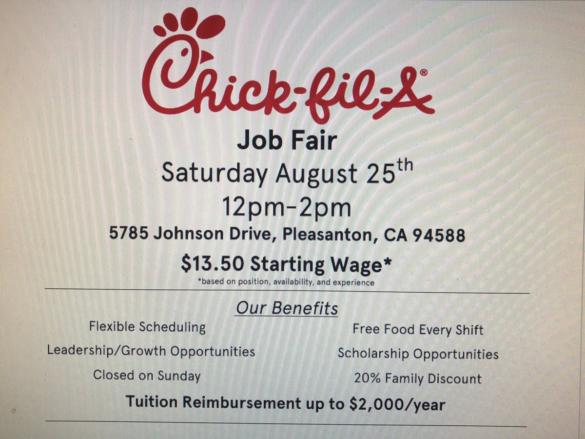 GHS_CCC's tweet photo. Are you looking for a job? Chick-fil-A is hosting a job fair on Saturday at 12pm at their Pleasanton location. https://t.co/MDfUHl6hkq