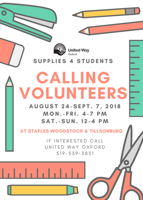 We need YOU! United Way Oxford is looking for adult volunteers to help with the Supplies 4 Students program. If interested, call United Way Oxford at 519-539-3851. #locallove #giveback #oxfordcounty #Supplies4Students