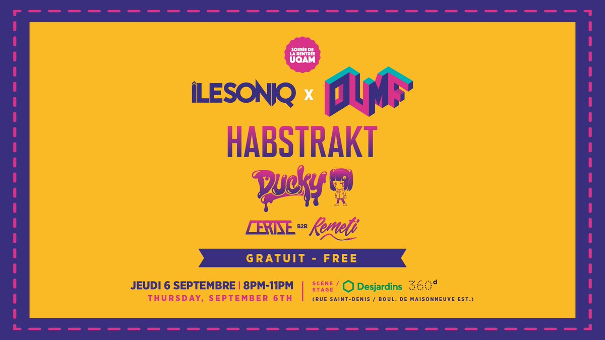 OUMFmtl's tweet photo. @OUMFmtl x @ilesoniq I
ÎLESONIQ prendra d'assault OUMF avec une soirée électro qui fera grimpé la température et convertira la rue Saint-Denis en gigantesque piste de danse.
@habstrakt Ducky @cerisemtl Remeti
Ne manquez pas l'occasion de faire la fête gratuitement! #OUMF2018 https://t.co/C0vXpCMOcB