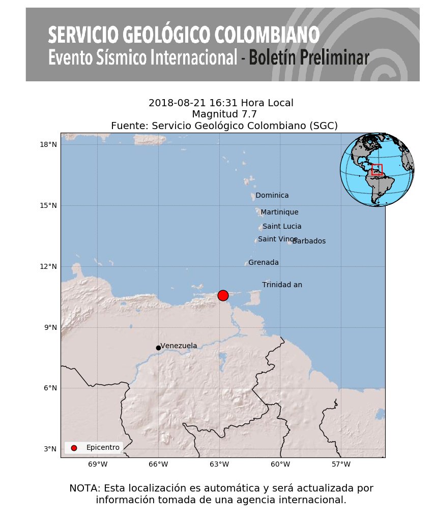 FedericoBlackB's tweet photo. Información preliminar del Servicio Geológico Colombiano sobre temblor sentido en Venezuela. 

Epicentro en Edo. Sucre con magnitud 7.7. https://t.co/Qo6Joa2Q4A